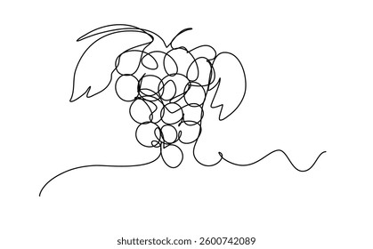 Simple continuous line drawing of grapes with leaves. The elegant minimalism captures the fruits essence with clean lines and abstract aesthetics, ideal for modern decor.