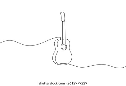 A simple continuous line drawing of a guitar. The artwork is minimalistic, One continuous single line of classic guitar isolated on white background.