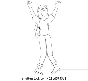Simple continuous line drawing of happy walking woman going to school. Vector illustration. Happy free.