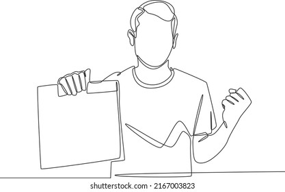 Simple continuous line drawing happy Young man holding take away paper bag from delivery. Take away and service concept. Continuous line draw design graphic vector illustration.