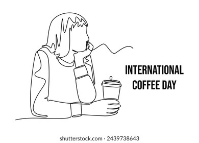 Simple continuous line drawing icon international day of coffee banner and icon. Picture of Girl stay at coffeeshop. Simple line. International coffee day minimalist concept.