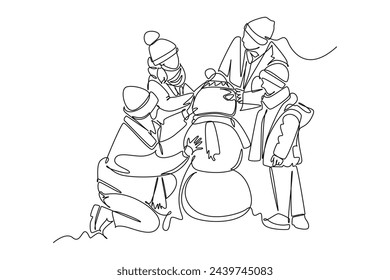 Simple continuous line drawing icon Family gathering. Picture of a family gathering playing in the snow. Simple line. International Family minimalist concept.