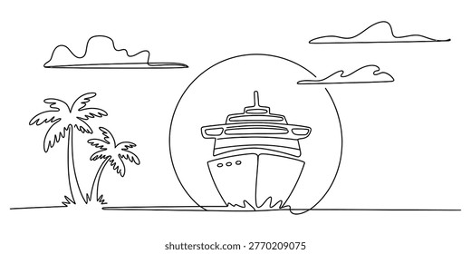 A simple continuous line drawing of a large cruise ship sailing past tropical palm trees during a sunset scene. Vector, illustration