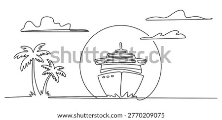 A simple continuous line drawing of a large cruise ship sailing past tropical palm trees during a sunset scene. Vector, illustration