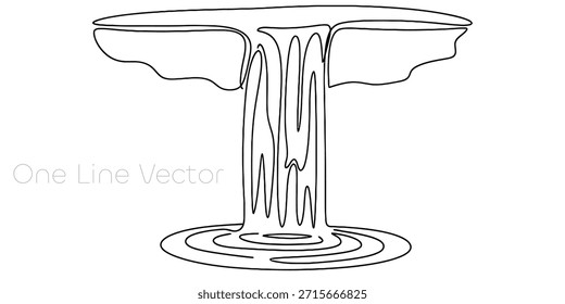 Simple dibujo de línea continua de una majestuosa cascada. El agua cae en cascada con gracia en una piscina tranquila, creando ondulaciones suaves. Representación minimalista de la belleza natural y el movimiento fluido. Ilustración vectorial