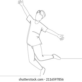 Simple continuous line drawing of male jump when feel so happy. Vector illustration. Happy free.