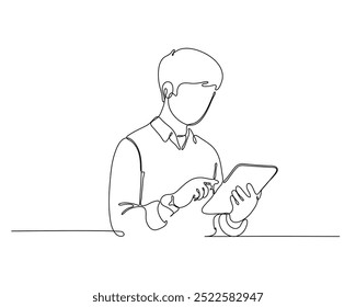 Simple continuous line drawing of a male holding and looking at a tablet, symbolizing modern technology and digital engagement.