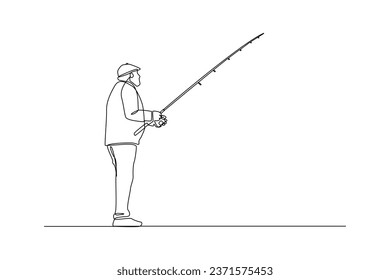 Simple continuous line drawing a man strike angler. On white background fisherman. Isolated silhouette of a fisherman.