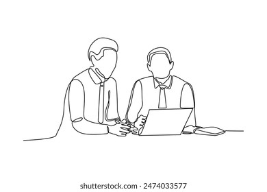 Simple continuous line drawing of man discussing about work. Work minimalist concept. Work environment activity. Work analysis icon.