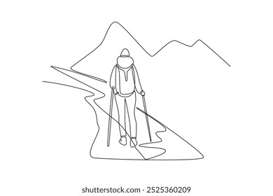 Simple continuous line drawing of a man solo hiking at mountain. Simple continuous line, simple line.