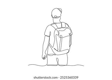 Simple continuous line drawing of a man solo hiking at mountain. Simple continuous line, simple line.