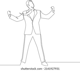 Simple continuous line drawing  Men rising Hands up.  success, friendship, celebration, joy and fun in project.  Draw in black and white background. Vector illustration. 