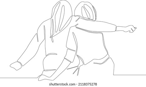 Simple continuous line drawing of mom hug hers daughter when sit in some place. Vector illustration. Family Gathering. Happy Family.
