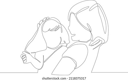 Simple continuous line drawing of mom hug hers daughter when sit in some place. Vector illustration. Family Gathering. Happy Family.