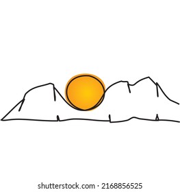 Einfache kontinuierliche Linienzeichnung von Bergen und Sonne. Vektorgrafik lineares Gebirge und Sonne. Premium Icon Thin Line Icon für Webdesign und -entwicklung, App-Entwicklung. 
Vektorminimalisten.