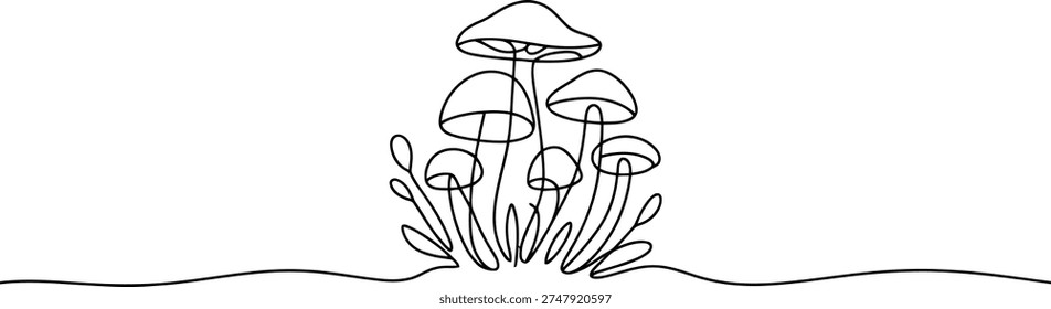 Simple continuous line drawing of a mushroom cluster emerging from the ground. Minimalist botanical style.