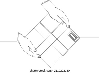 Simple continuous line drawing of a package delivery person hands over a package purchased by the owner. Delivery.