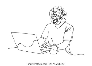 Simple Continuous line drawing of the person in front of the laptop is tired. critical thinking concept.
