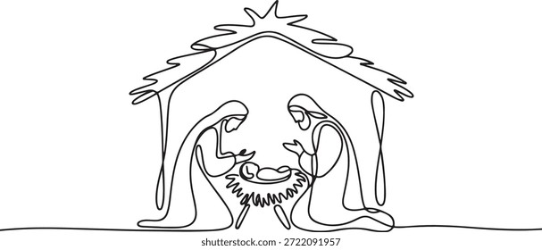Un simple dibujo lineal continuo de una escena de Navidades religiosas, que muestra las figuras centrales del nacimiento de Jesús