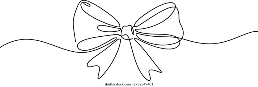 A simple continuous line drawing of a ribbon bow, symbolizing gifts, joyous occasions, and decorative elements.