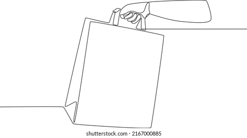 Simple continuous line drawing Right hand holding a paper bag with handle. Take away and service concept. Continuous line draw design graphic vector illustration.