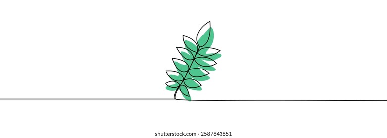  A simple continuous line drawing of a rowan leaf branch with soft green accents, representing nature, growth, and modern botanical aesthetics. Vector illustration