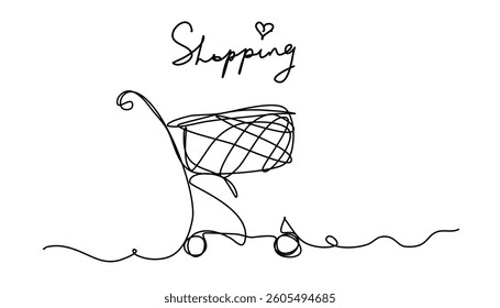 Simple continuous line drawing of a shopping cart with elegant curves in minimalistic style, primarily in black, representing modern shopping concepts with shopping text above.