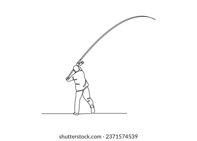 Continuous one line drawing businessman holding fishing rod got