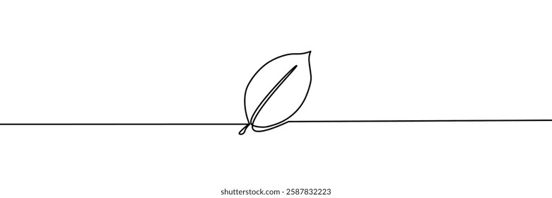 A simple continuous line drawing of a single leaf, representing nature, growth, and eco-friendly themes in a minimalist artistic style. Vector illustration