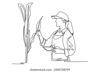 Simple continuous line drawing of Smart woman farmer agronomist using digital tabletg. modern medicine. Modern technology minimalist concept. Icon of technology. Simple line.