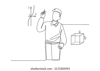 Simple continuous line drawing student solving math problem on whiteboard in classroom. Subjects concept in school and university. Continuous line draw design graphic vector illustration.