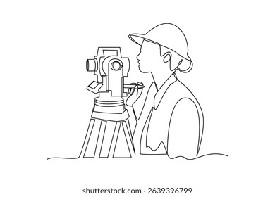 Simple continuous line drawing of surveyor engineer setting equipment. Engineer minimalist concept. Surveyor engineers with equipment, theodolite or total positioning station on the construction site