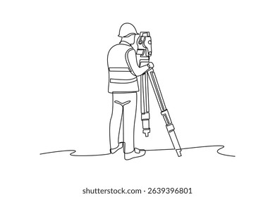 Simple continuous line drawing of surveyor engineer setting equipment. Engineer minimalist concept. Surveyor engineers with equipment, theodolite or total positioning station on the construction site