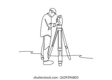Simple continuous line drawing of surveyor engineer setting equipment. Engineer minimalist concept. Surveyor engineers with equipment, theodolite or total positioning station on the construction site