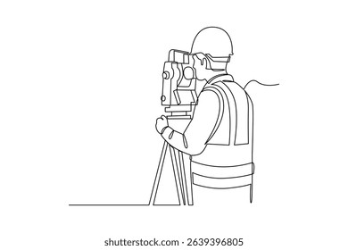 Simple continuous line drawing of surveyor engineer setting equipment. Engineer minimalist concept. Surveyor engineers with equipment, theodolite or total positioning station on the construction site