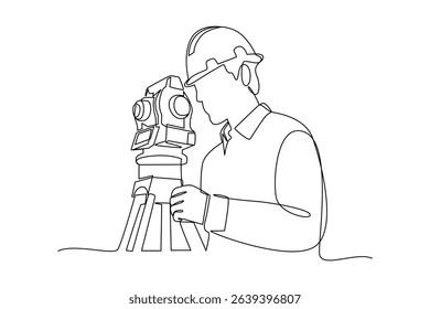 Simple continuous line drawing of surveyor engineer setting equipment. Engineer minimalist concept. Surveyor engineers with equipment, theodolite or total positioning station on the construction site