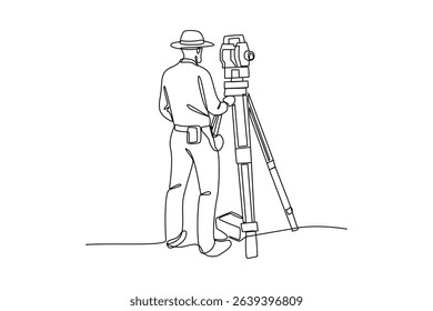 Simple continuous line drawing of surveyor engineer setting equipment. Engineer minimalist concept. Surveyor engineers with equipment, theodolite or total positioning station on the construction site