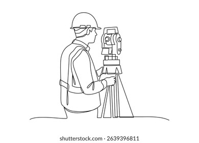 Simple continuous line drawing of surveyor engineer setting equipment. Engineer minimalist concept. Surveyor engineers with equipment, theodolite or total positioning station on the construction site