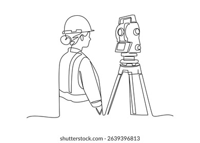 Simple continuous line drawing of surveyor engineer setting equipment. Engineer minimalist concept. Surveyor engineers with equipment, theodolite or total positioning station on the construction site