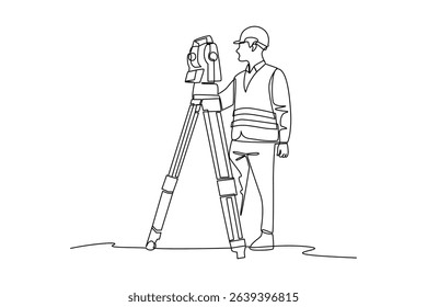 Simple continuous line drawing of surveyor engineer setting equipment. Engineer minimalist concept. Surveyor engineers with equipment, theodolite or total positioning station on the construction site