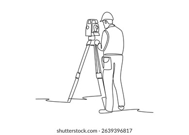 Simple continuous line drawing of surveyor engineer setting equipment. Engineer minimalist concept. Surveyor engineers with equipment, theodolite or total positioning station on the construction site