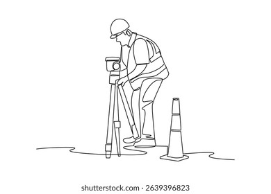 Simple continuous line drawing of surveyor engineer setting equipment. Engineer minimalist concept. Surveyor engineers with equipment, theodolite or total positioning station on the construction site