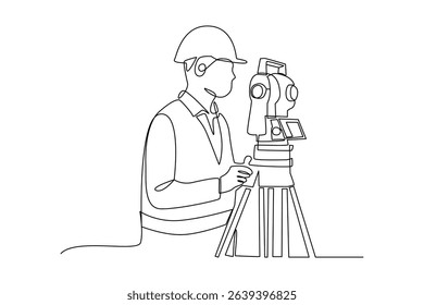Simple continuous line drawing of surveyor engineer setting equipment. Engineer minimalist concept. Surveyor engineers with equipment, theodolite or total positioning station on the construction site
