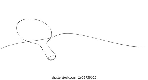 A simple continuous line drawing of a table tennis paddle and ball, representing the sport, competition, and movement, on a white background.
