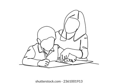 simple continuous line drawing of teacher teaches young student to answer a question. Education minimalist concept, simple line, vector illustration.