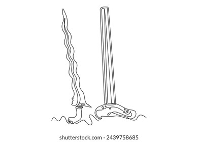 Icono de cultura tradicional de dibujo de línea continua simple. Imagen de una reliquia histórica de la tradición en forma de un keris. Línea simple. Concepto minimalista de Cultura Tradicional Internacional.