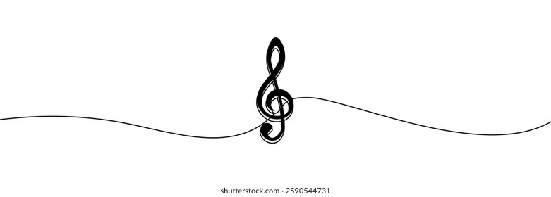 Simple continuous line drawing of a treble clef, symbolizing music, melody, creativity in a minimalist style with color. One line icon. Continuous line treble clef icon. Vector illustration.