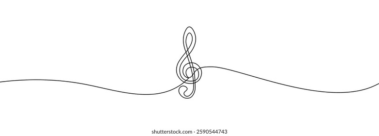 Simple continuous line drawing of a treble clef, symbolizing music, melody, creativity in a minimalist style. One line icon. Continuous line treble clef icon. Vector illustration.