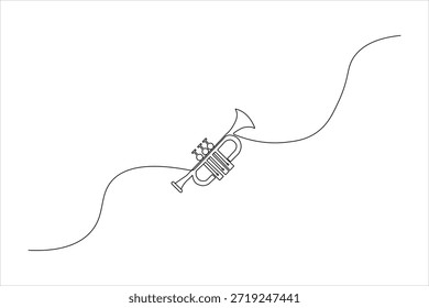 Dibujo de línea continua simple de un icono de trompeta. Vector minimalista de contorno negro de un instrumento musical para el diseño artístico moderno.