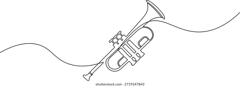 Dibujo de línea continua simple de un icono de trompeta. Vector minimalista de contorno negro de un instrumento musical para el diseño artístico moderno.
